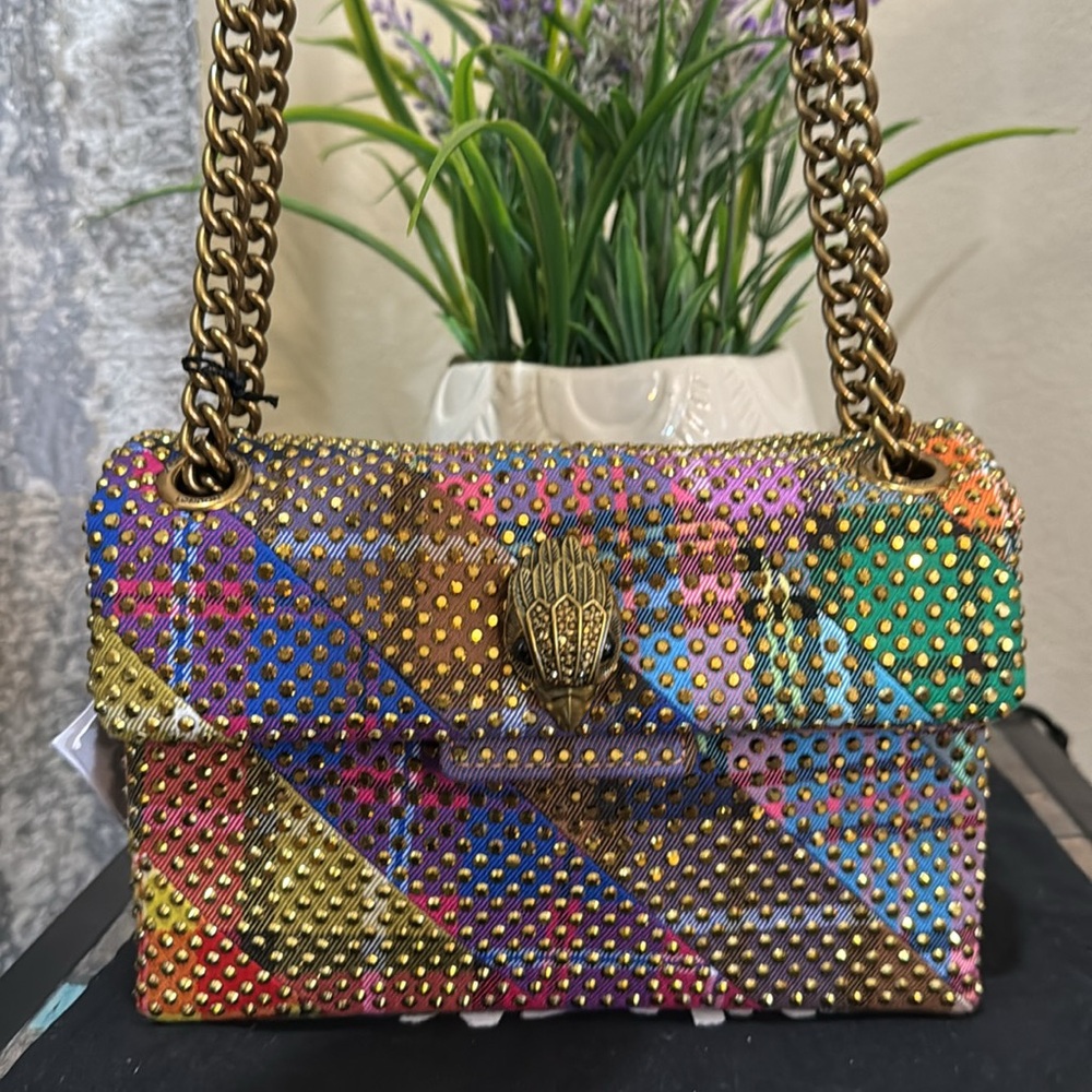 Kurt Geiger Plaid Fabric Mini Kensington Rhinestone Embellished Shoulder Bag